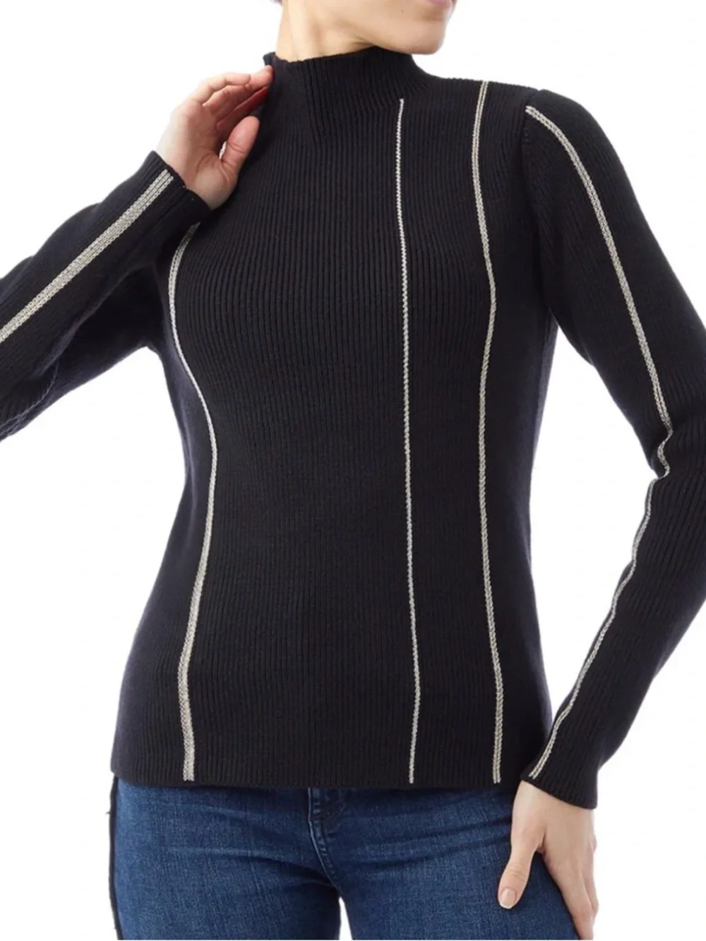 Reiss Black Ribbed Mock Neck Sweater with Silver Contrast Piping